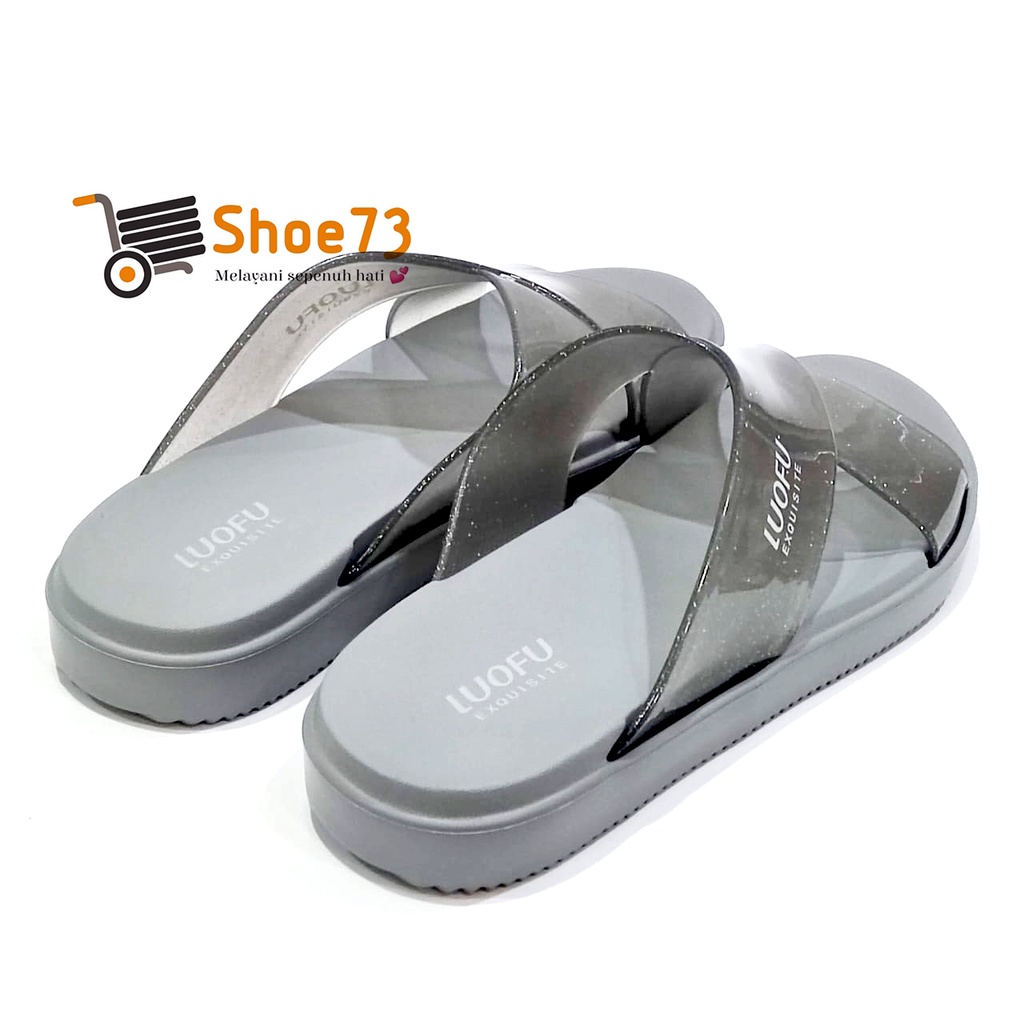 LUOFU E 7189 -TF6B SIZE 36-40 ORIGINAL | Sandal Selop Silang Transparan Gliter Wanita | Sendal Kokop Cewek Impor