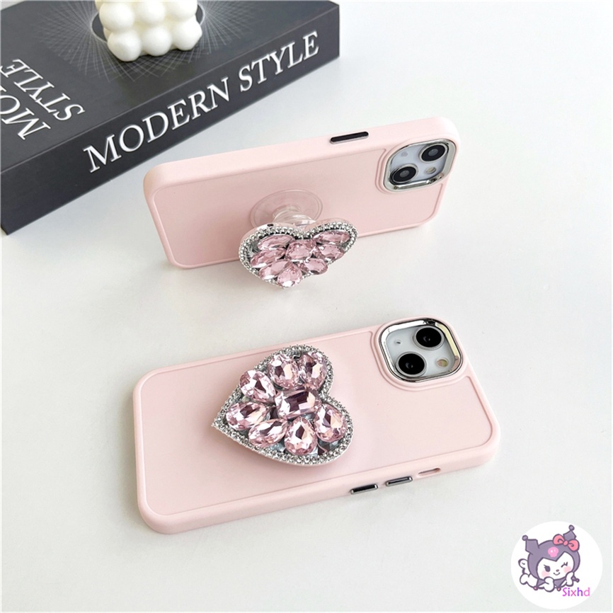 Compatible For iPhone 11 14 13 12 Pro Max 8 7Plus X Xs Xr Xs Max SE2020 Electroplated Lens Frame Protection Ins Pink Love Diamond Fashion Phone Case+Bracket Soft Anti Drop Cover