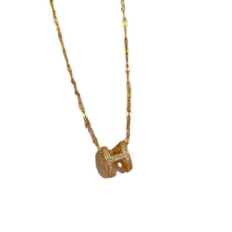 Fashion Wanita Zirkon Indah Mewah Huruf H Liontin Emas Asli Kadar 375 Kalung Hadiah Pacar XL-23040