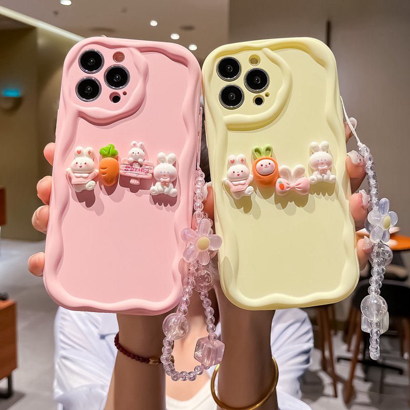 Macaron Yellow Wave Carrot Bunny Lanyard Soft Silicon Case HP iP iPhone 6 6S 7 8 14 + Plus SE 2020 2022 X XS XR 11 12 13 Pro Max Girl Woman Casing