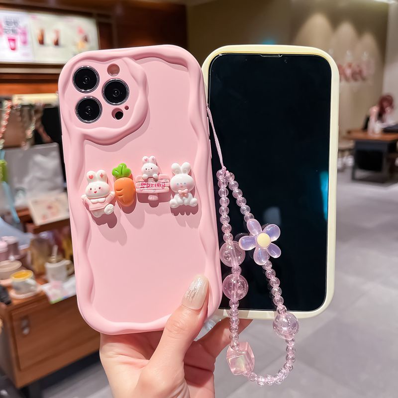 Macaron Pink Wave Carrot Bunny Lanyard Soft Silicon Case HP iP iPhone 6 6S 7 8 14 + Plus SE 2020 2022 X XS XR 11 12 13 Pro Max Girl Woman Casing