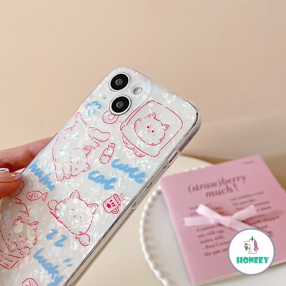 IPHONE Casing Ponsel Kucing Motif Shell Pink Mengkilap Yang Indah Kompatibel Untuk Iphone14 14Pro 11 12ProMax 12Pro 12 13ProMax Shockproof Back Cover