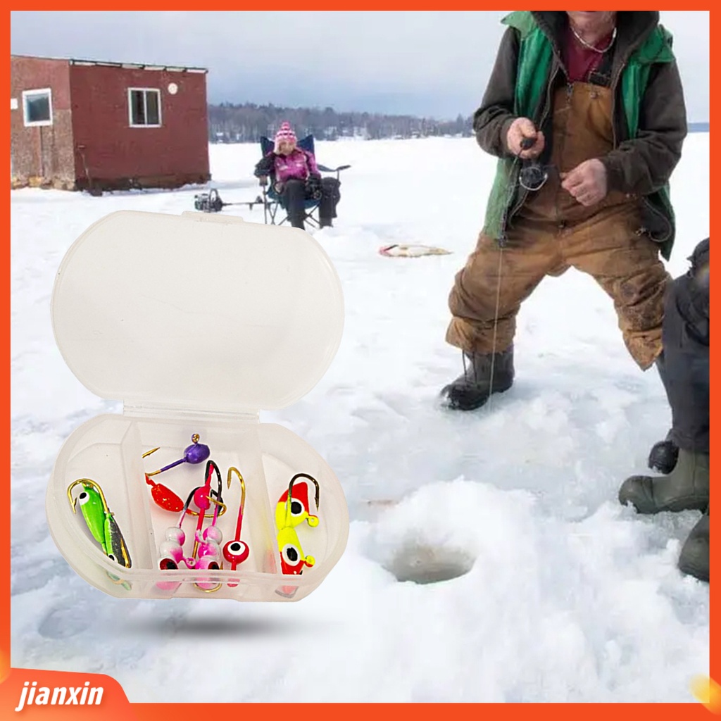 (In Stock) 1kotak Jig Pancing Es Kekuatan Baik Portabel Tahan Lama Penembus Kuat Tajam Angling Baja Karbon Tinggi Memancing Es Warna-Warni Memimpin Kepala Kait Kombinasi Untuk Danau