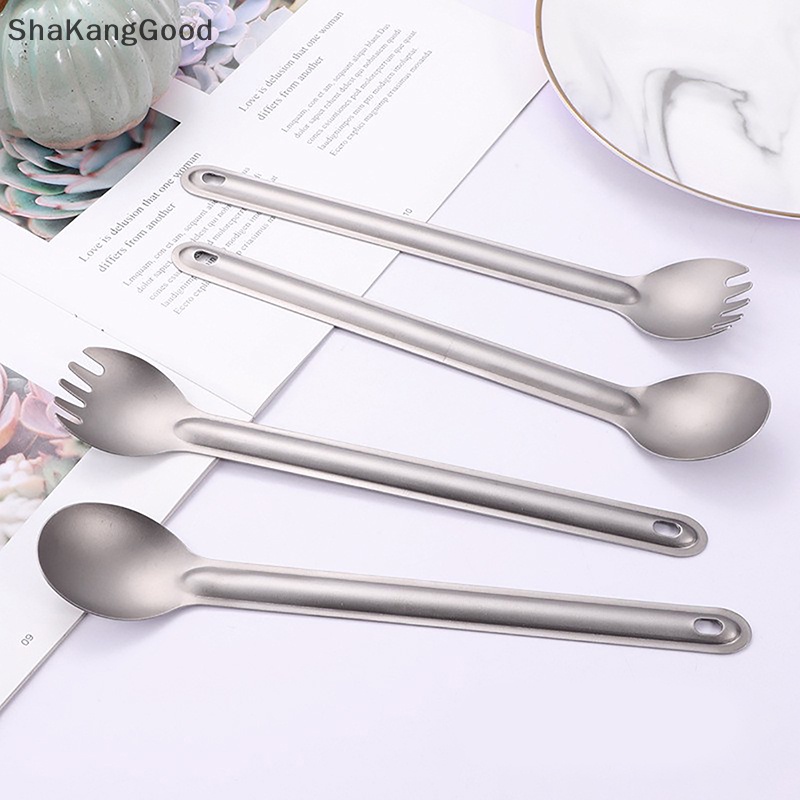 Skid Outdoor Titanium Peralatan Makan Titanium Murni Garpu Sendok Camping Gagang Panjang Dipanjangkan Portabel Kopi Pengaduk Logam Dessert Spoon SKK