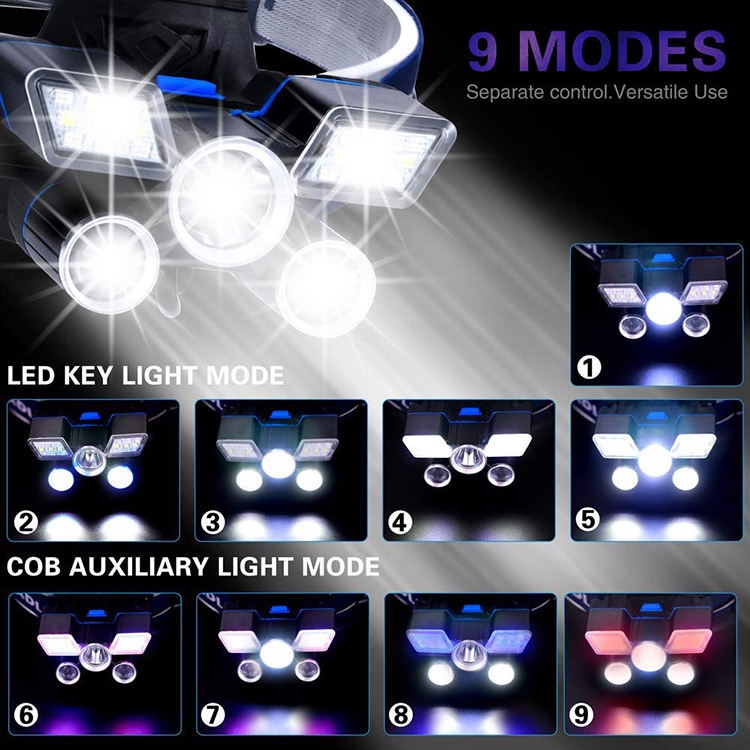 Senter Kepala 5 LED Albinaly Headlamp Cree XM-L2 + 2XPE + Red Blue LED Super Terang Sistem Cas Waterproof