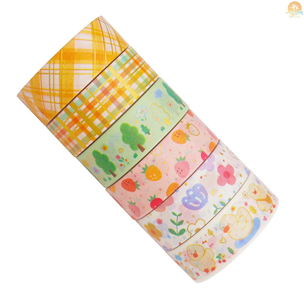 In Stock 6roll Lucu Kartun Foil Emas Washi Tape Set Gaya Rustic Washi Masking Tapes Tape Perekat Dekoratif Label Stiker Lebar 15mm Untuk DIY Seni &amp; Kerajinan Scrapbooking Jurnal