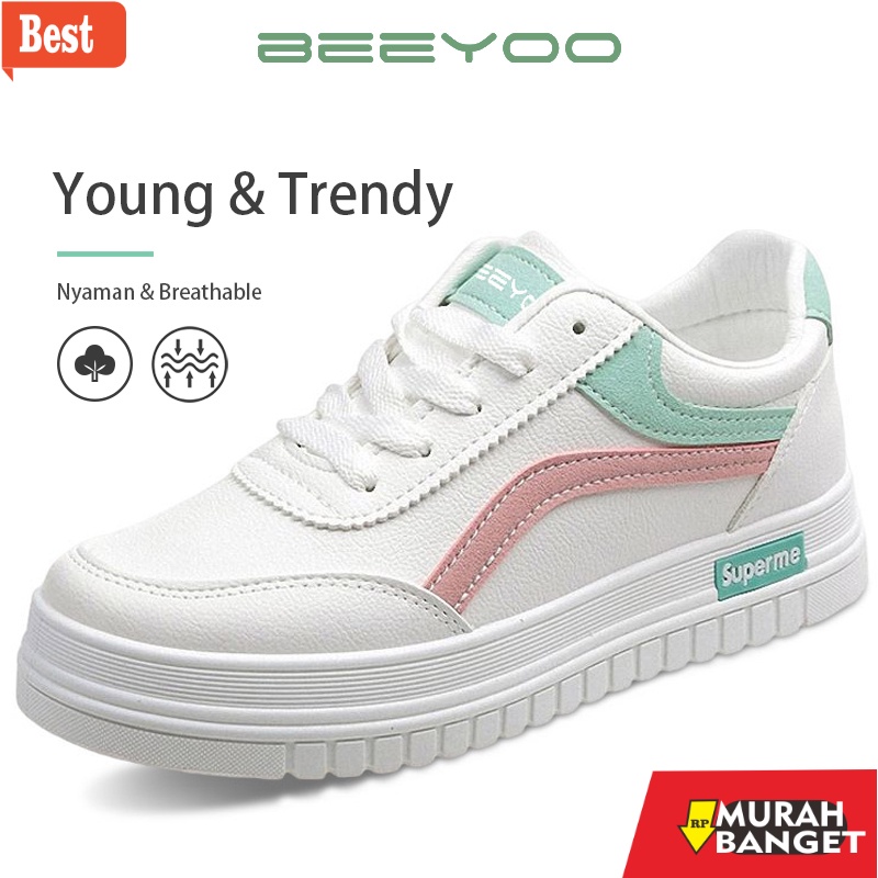 Sneaker wanita terbaru- Beeyoo Sepatu Sneakers Tali Sepatu Wanita Dewasa Fashion Sepatu Kets Jalan S
