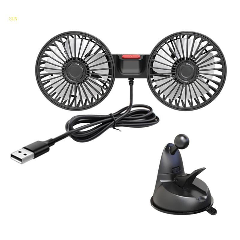 Kipas Angin Pendingin Mobil Matahari360° Rotasi Dipasang Kendaraan Dual Head USB Fan Auto Cooler Fan