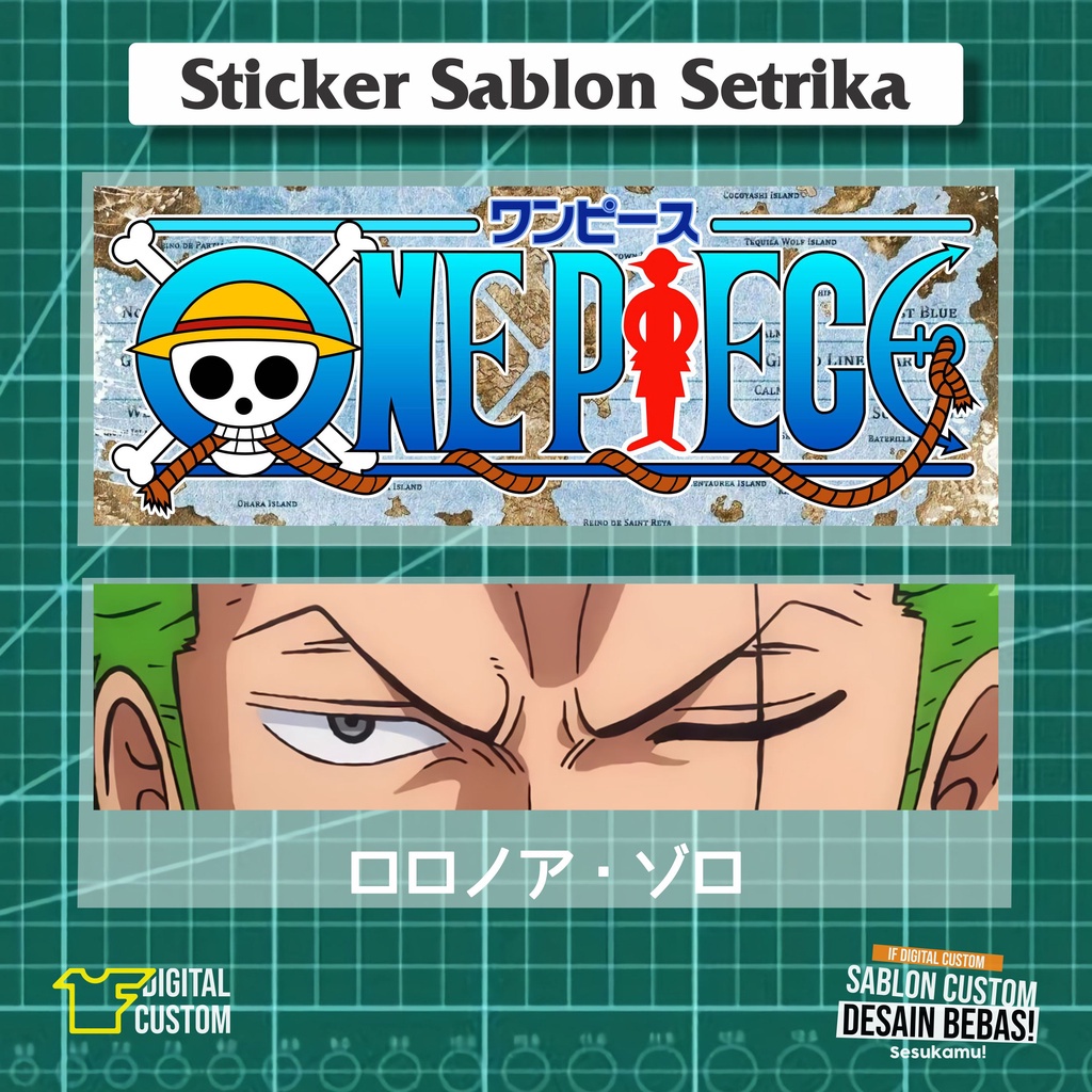 

Stiker Kain Sticker Sablon Setrika DTF Anime One Piece Zoro Luffy IF Digital Custom Satuan Siap Press