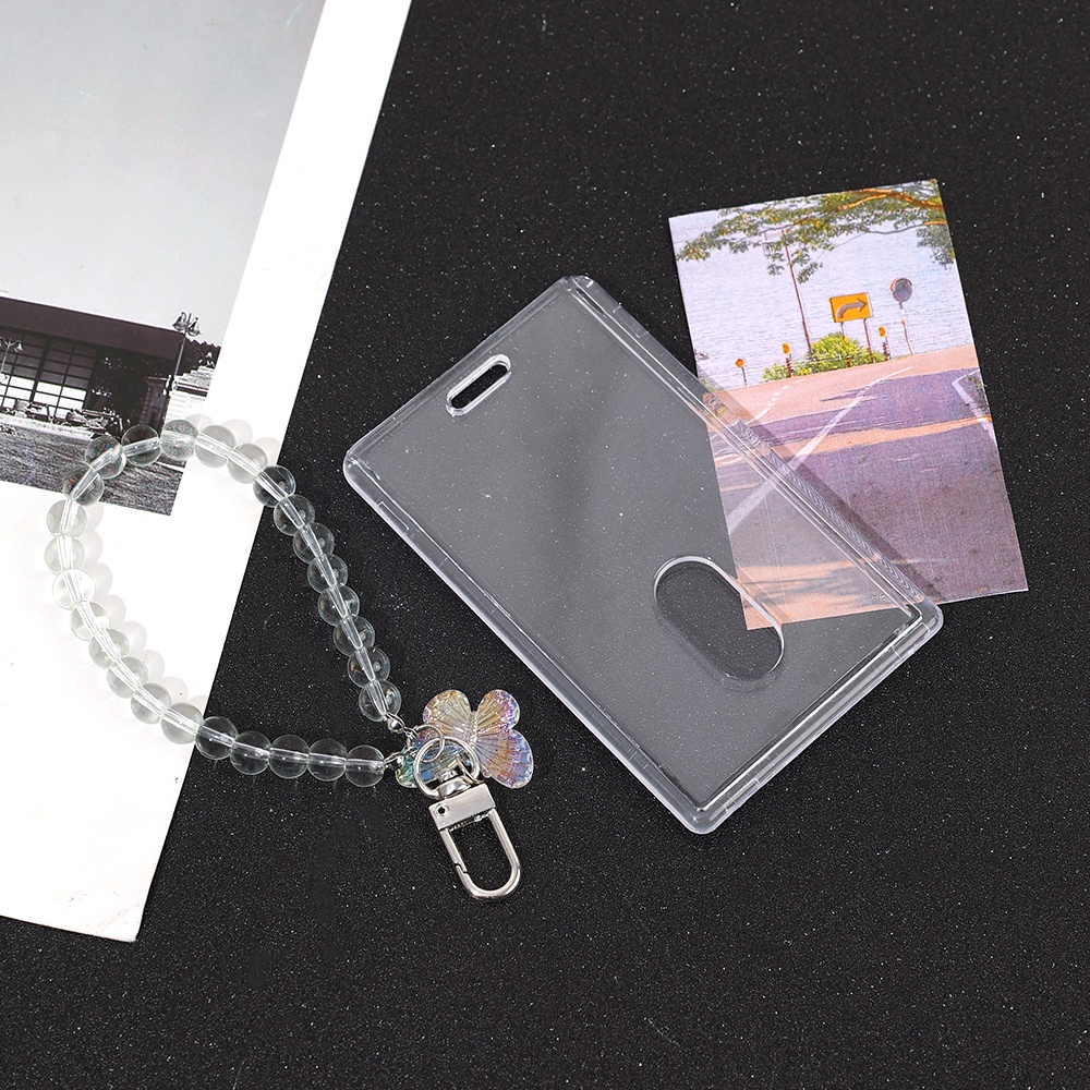 Transparan Penutup Kartu Bus Perlindungan Kristal Kupu-Kupu Manik Rantai Portabel Foto Lengan Ins Gaya Split Keyring Student Card Case Idol Photocard Card Holder DIY Insert Photoes