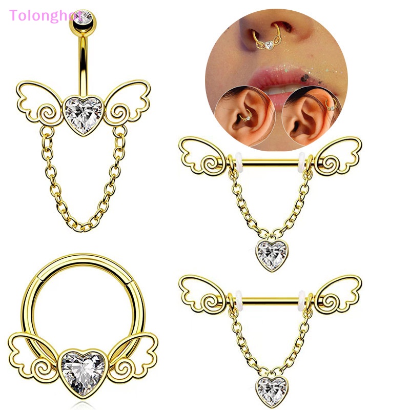 Tolonghot&gt; Kristal Jantung Sayap Hidung Cincin Pusar Kuku Nipple Cincin Warna Emas Set Untuk Wanita Kepribadian Tubuh Perhiasan Aksesoris well