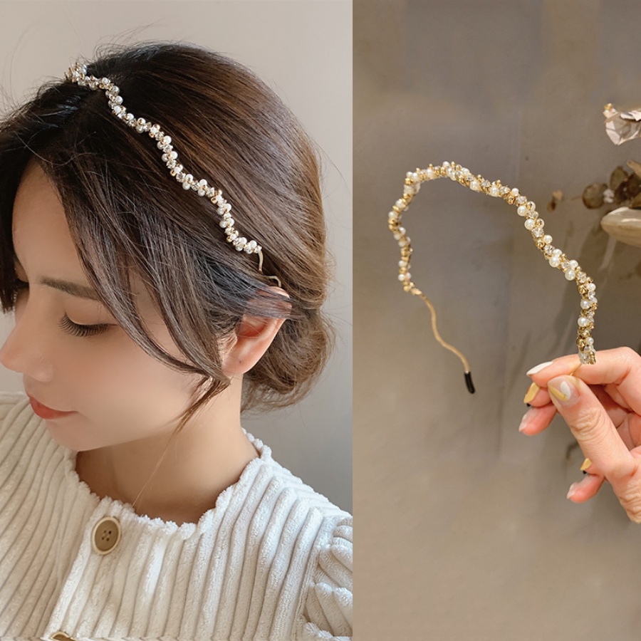 Korea Alloy Mutiara Berlian Imitasi Gelombang Bando Elegan Manik-Manik Kristal Tipis Rambut Band Woman Aksesoris Rambut