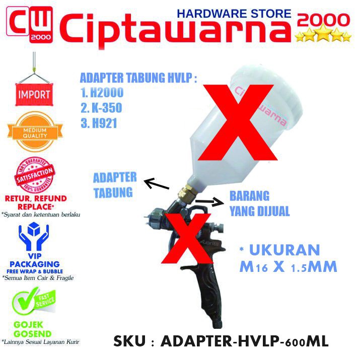 Adapter M16 X 1.5MM tabung HVLP 600ml H2000 K350 H921 Spray Gun