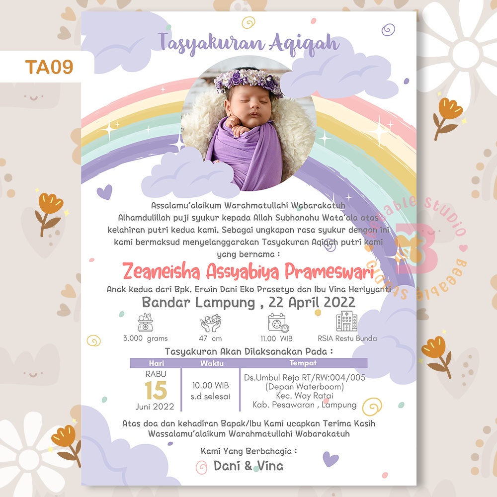 Undangan Aqiqah Digital Tema TA09 Purple Rainbow Ungu Softfile | BeeableStudio