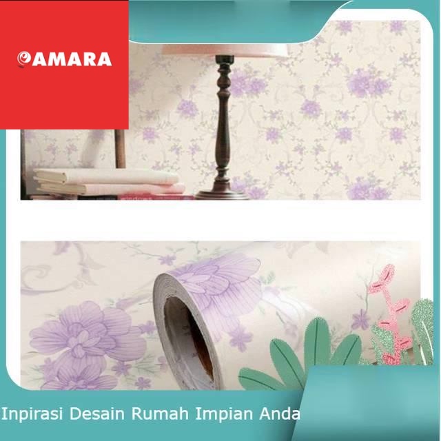 Wallpaper dinding sticker motif bunga ungu cream