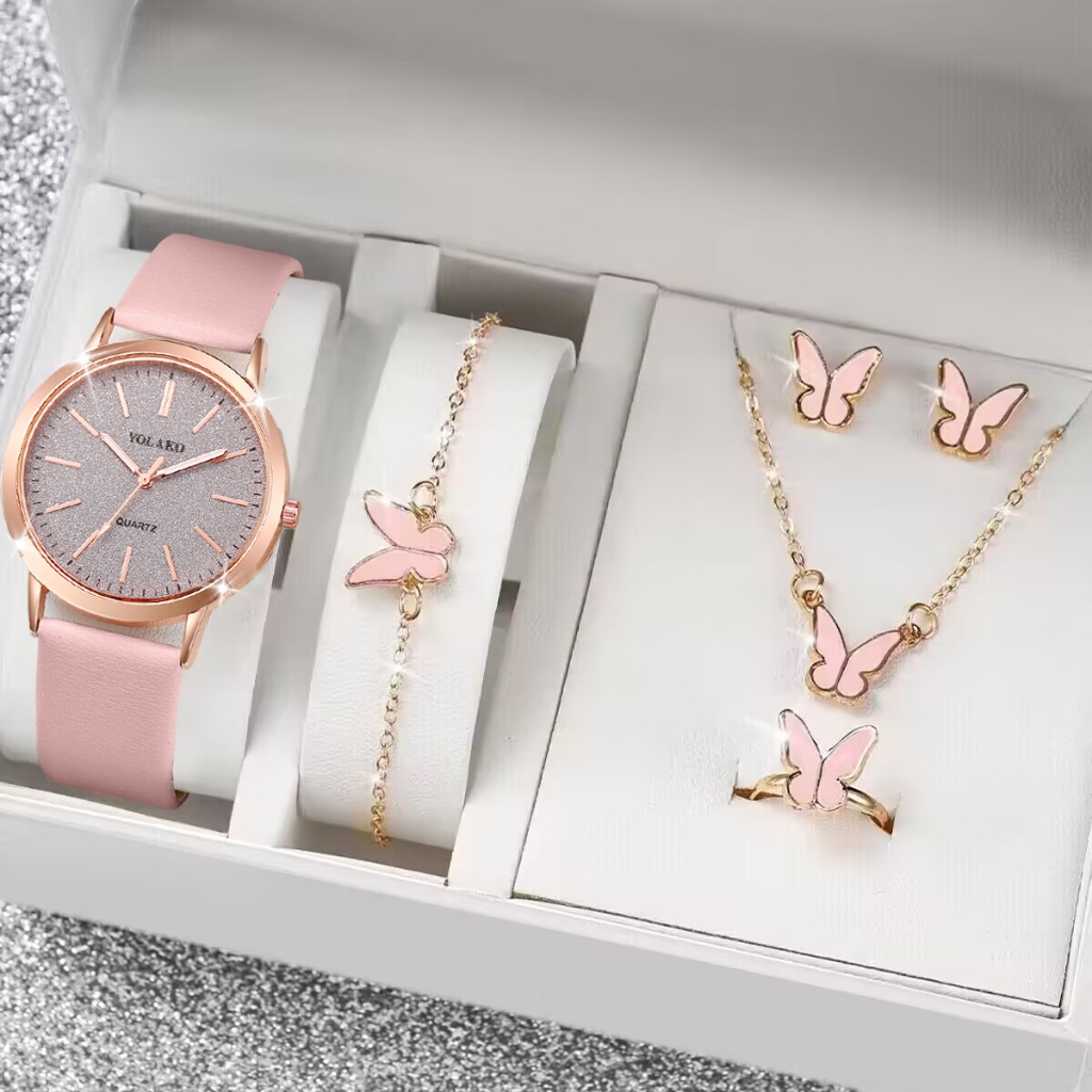 5PCS Jam Tangan Kuarsa Wanita Berkilau Dial Besar Tali Kulit Jam Tangan Perhiasan Gratis (Tanpa Kota