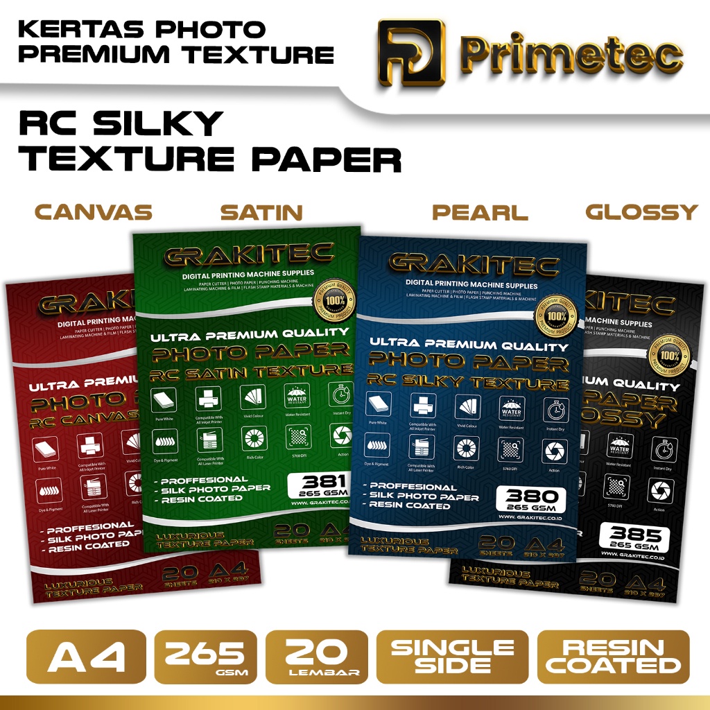 

Kertas Foto Silky Texture A4 Professional Silky, Glossy Photo Paper 265 A4, Motif Pearl, Canvas, Satin / Luster Resin Coated Primetec