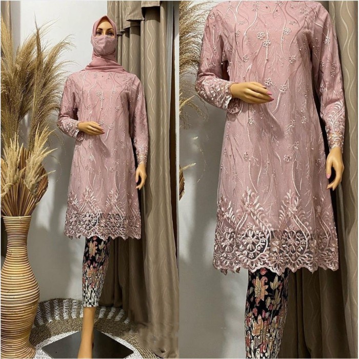 New Style COD Tunik Brukat Jumbo - Kebaya Modern - Dress Pesta Jumbo (Free Hijab) - Rose Gold, Rok S