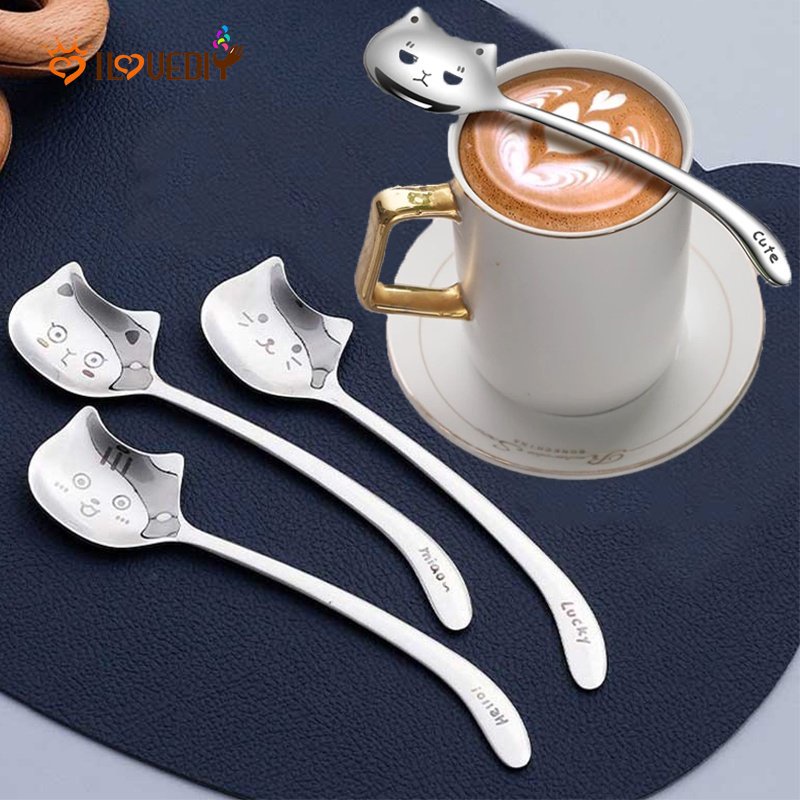 Kreatif Lucu Kucing304Sendok Makan Stainless Steel Dengan Gagang Panjang/High Quality Dessert Soup Spoon/Peralatan Makan Berguna Dapur/Sendok Pengaduk Kopi Alat Makan Makan Makan Makan Dinner