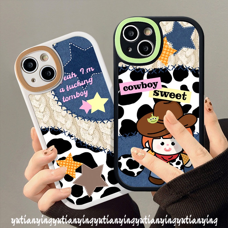 IPHONE Kartun Lucu Koboi Bintang Denim Ponsel Case Kompatibel Untuk Iphone6 8 7 6s Plus XS XR X Max11 12 14 13 Pro Max SE 2020 Patch Motif Leopard Lembut Tpu Pasangan Penutup Belakang