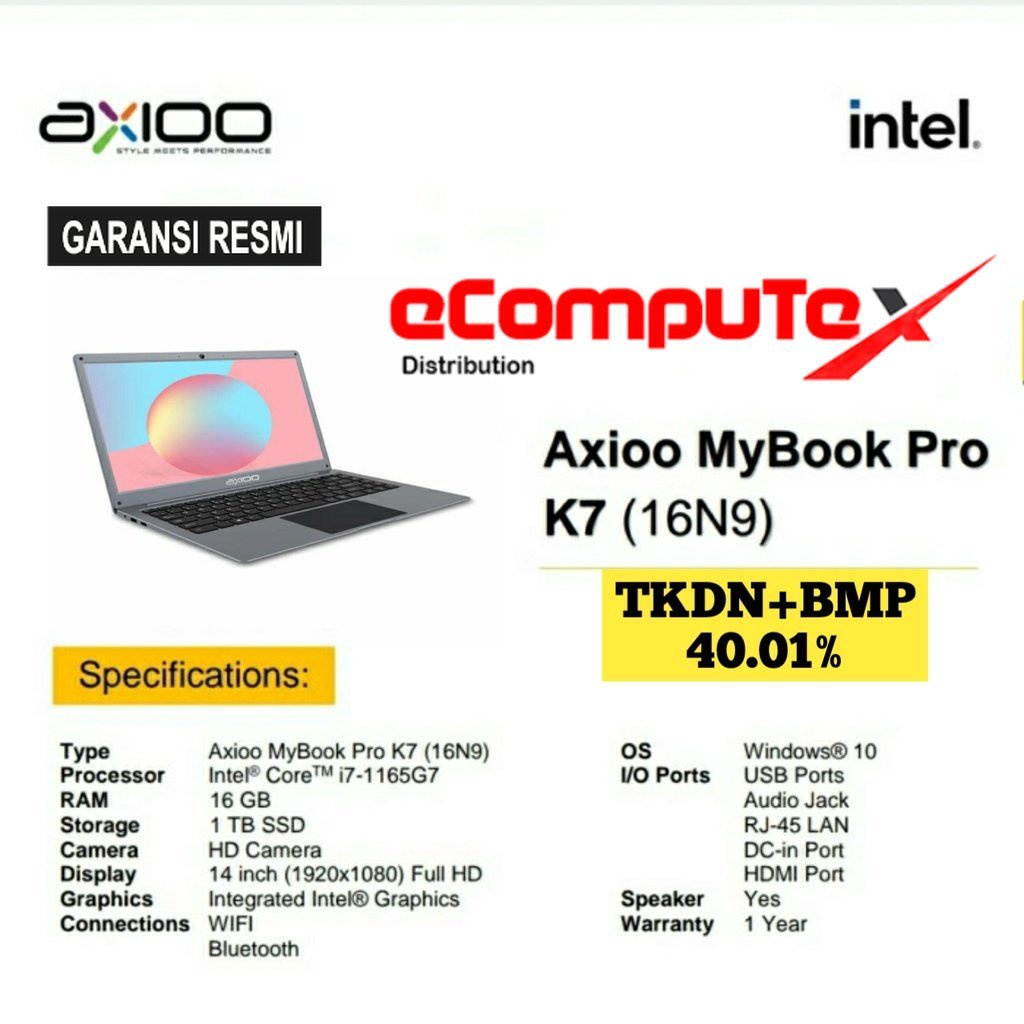 LAPTOP AXIOO MYBOOK PRO K7 OHS (16N9) i7-1165G7 16GB 1TB 14&quot; SSD WIN10 PRO TKDN RESMI