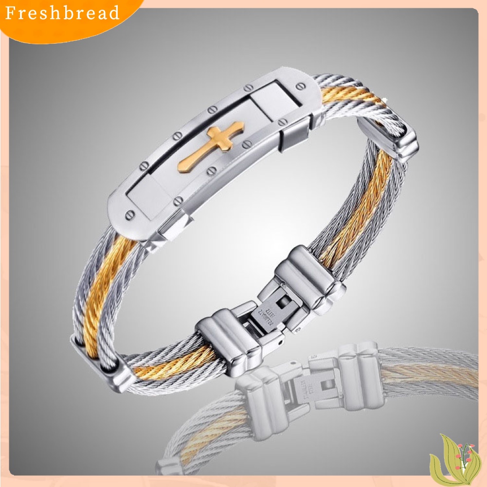 &lt; Freshbread &gt; Perhiasan Gelang Tangan Bangle Salib Tiga Lapisan Stainless Steel Unisex Bergaya