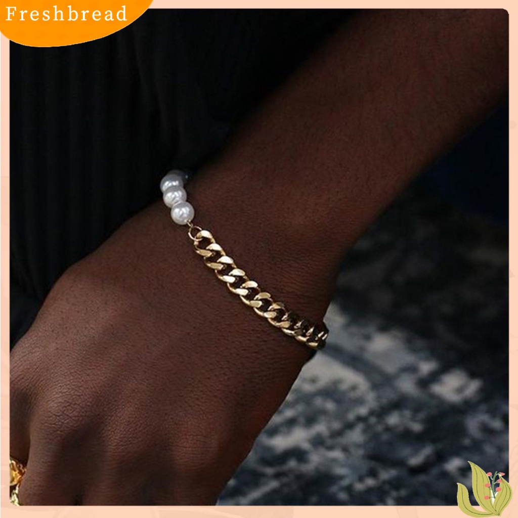 &lt; Freshbread &gt; Pria Gelang Penampilan Sederhana Hip-hop Perhiasan Fashion Mutiara Imitasi Rantai Kuba Splicing Bangle Untuk Kehidupan Sehari-Hari