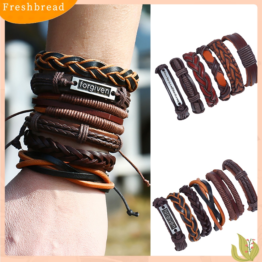 &lt; Freshbread &gt; 6Pcs/Set Pria Vintage Punk Dikepang Kulit Imitasi Multilayer Handmade Gelang Set