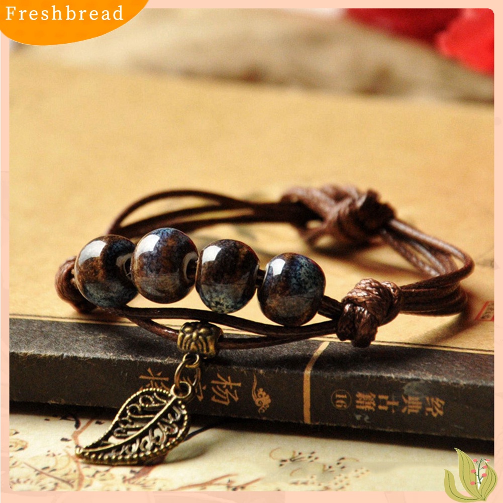 &lt; Freshbread &gt; Etnik Daun Kucing Pesona Keramik Manik-Manik Gelang Wanita Handwoven Perhiasan Hadiah