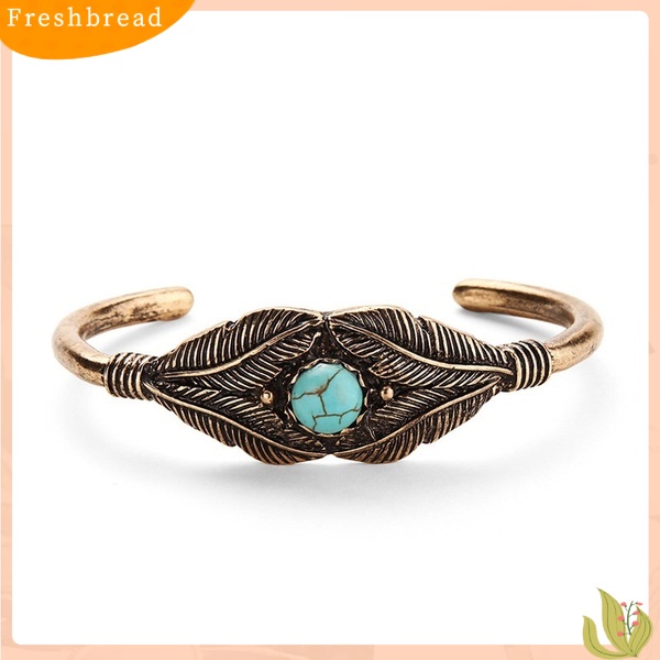 &lt; Freshbread &gt; Retro Wanita Manik Daun Bulu Alloy Ujung Terbuka Manset Bangle Boho Perhiasan Etnik