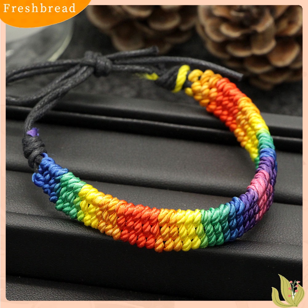 &lt; Freshbread &gt; Vintage Rainbow Menenun Tali Kulit Imitasi Gelang Adjustable Wanita Bangle Jewelry