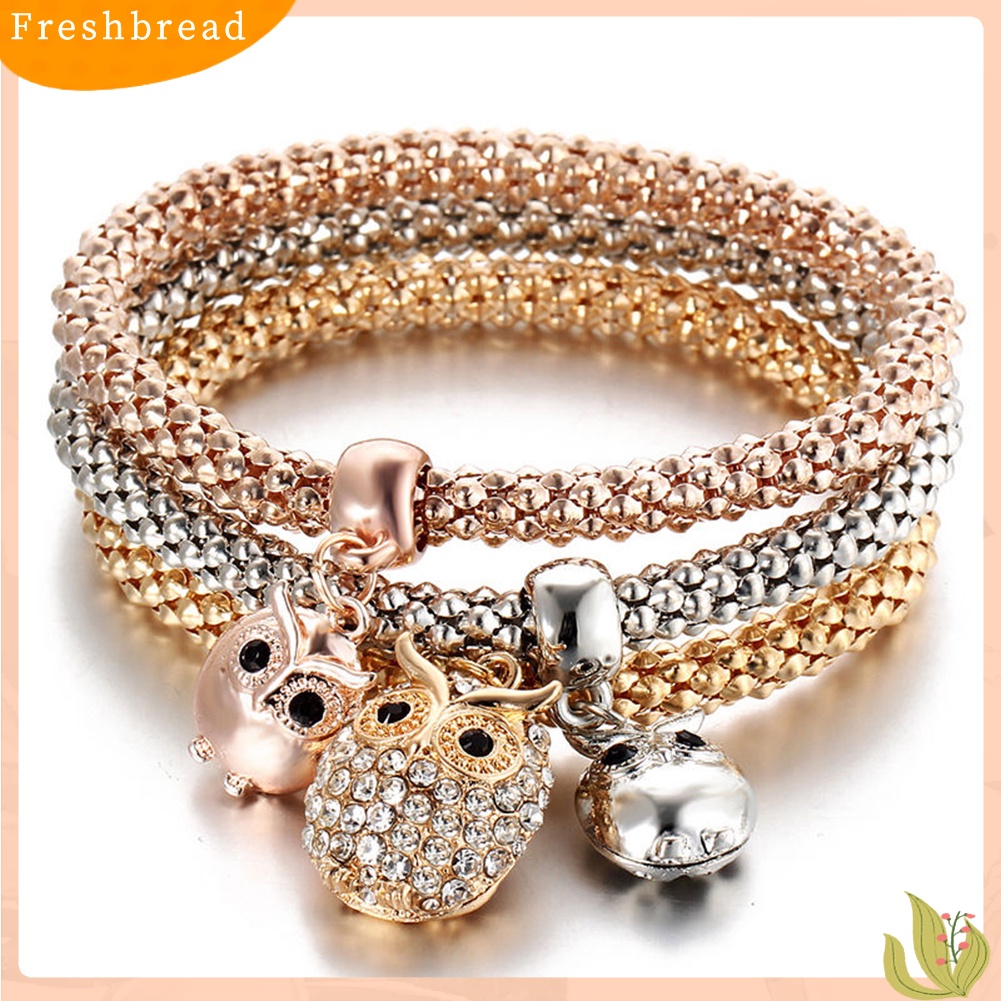 &lt; Freshbread &gt; 3Pcs/Set Wanita Fashion Burung Hantu Pohon Gelang Berlian Imitasi Liontin Bangle Perhiasan Hadiah