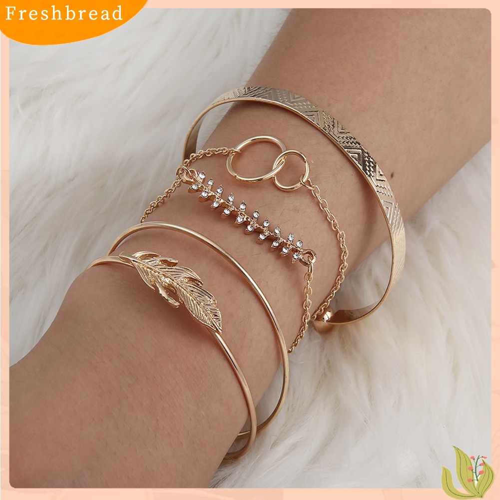 &lt; Freshbread &gt; 5Pcs/Set Wanita Fashion Daun Berlian Imitasi Bertatahkan Gelang Terbuka Gelang Perhiasan