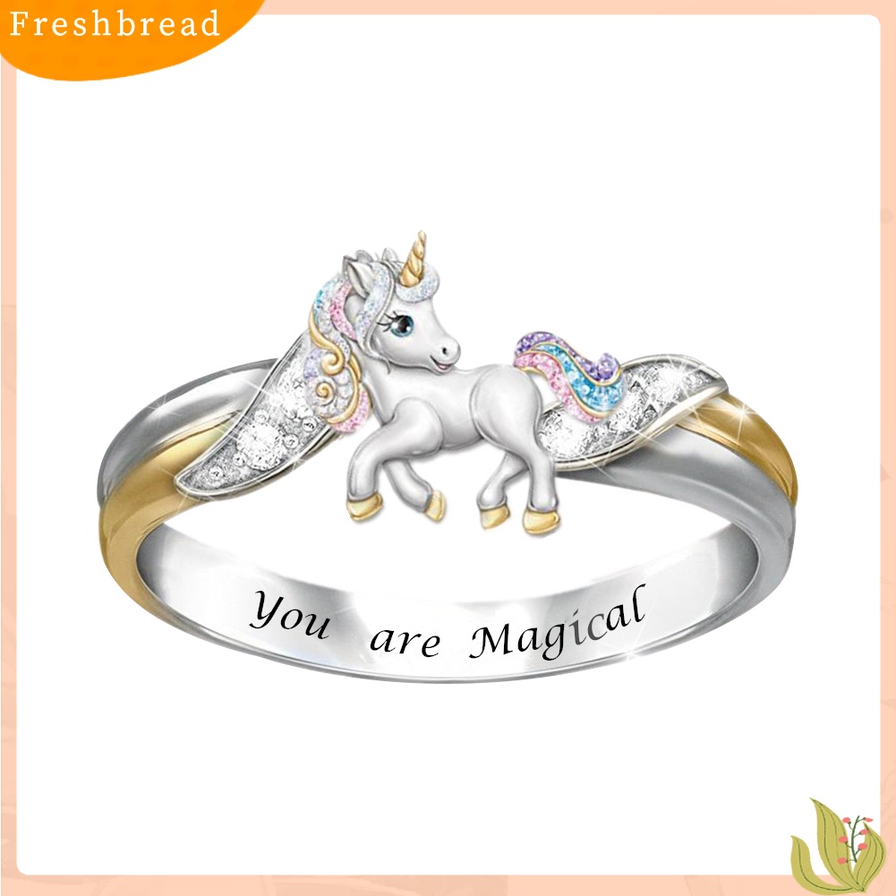 &lt; Freshbread &gt; Fashion Wanita Desain Unicorn Berlian Imitasi Huruf Ukiran Alloy Cincin Perhiasan Hadiah