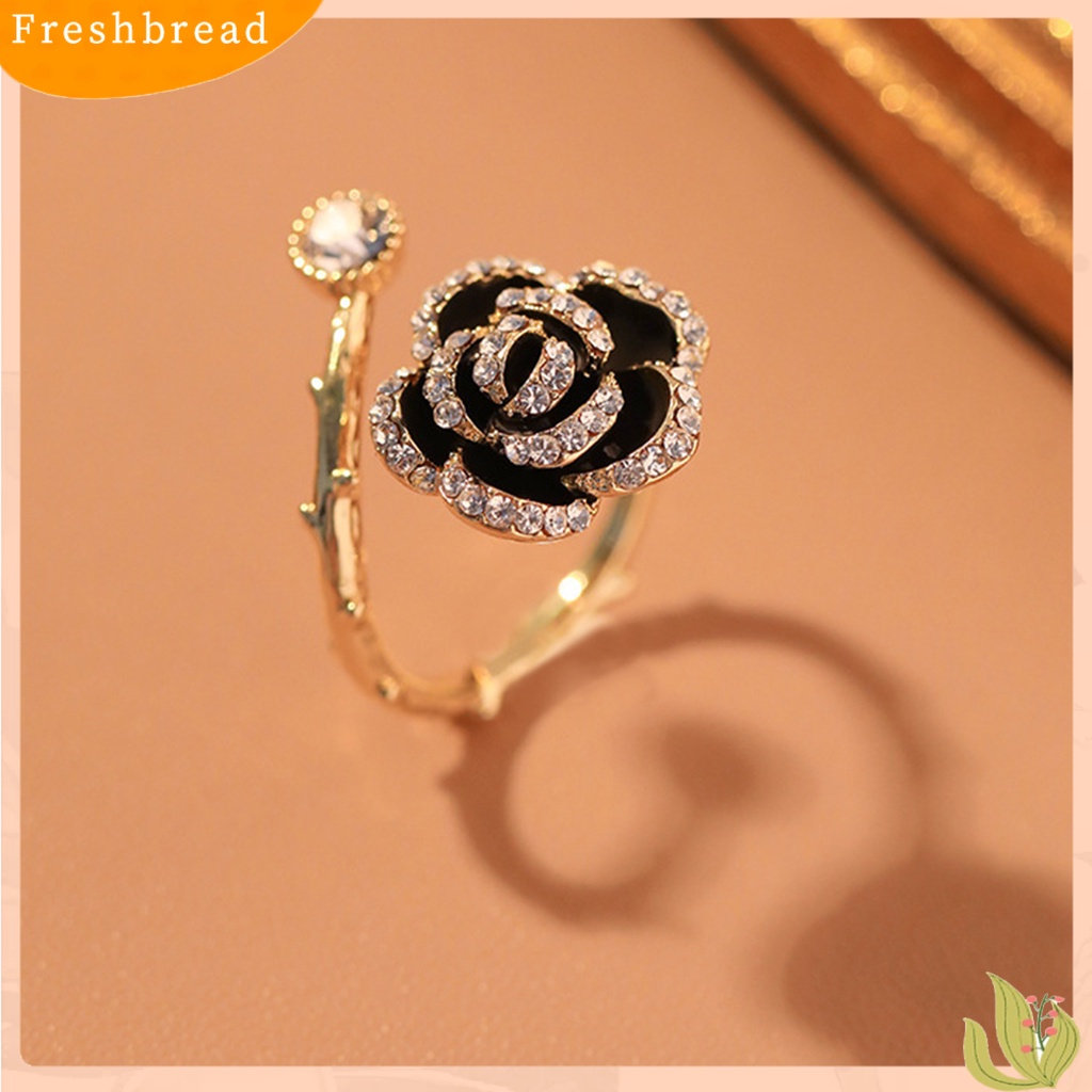 &lt; Freshbread &gt; Cincin Pengantin Gaya Vintage High-end Lengket Besar Bentuk Mawar Hitam Pembukaan Buku Jari Cincin Perhiasan Perempuan