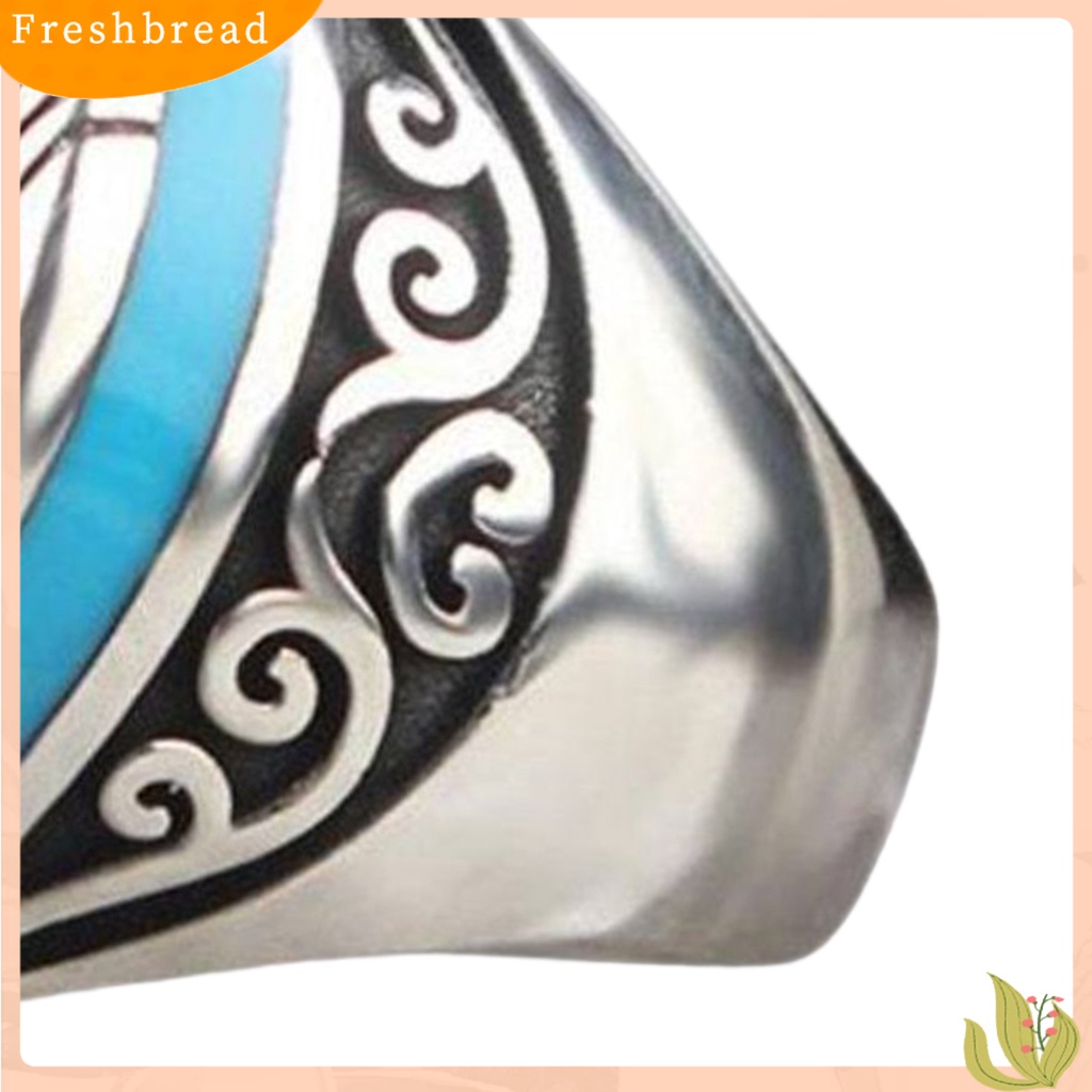 &lt; Freshbread &gt; Electroplating Polishing Lebar Pria Cincin Punk Retro Pola Ukir Faux Turquoise Ring Perhiasan Aksesoris