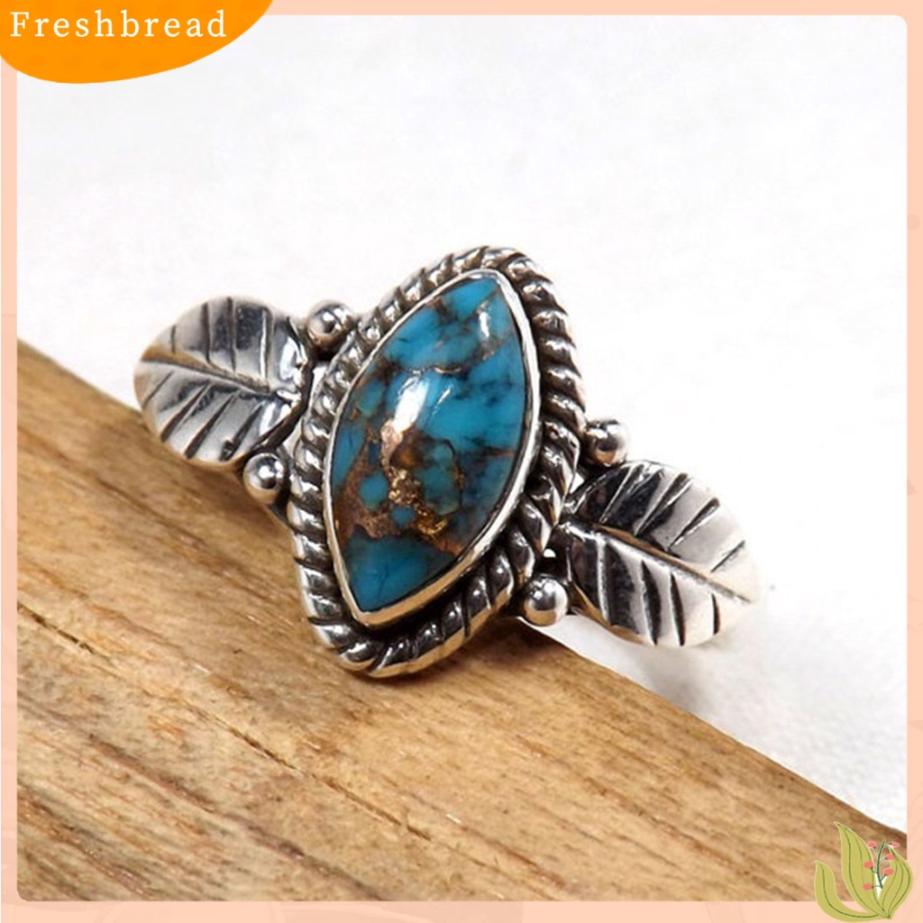 &lt; Freshbread &gt; Wanita Cincin Indah Imitasi Pirus Portabel High-end Vintage Hias Anti Karat Bentuk Daun Unisex Pria Buku Jari Cincin Hadiah Ulang Tahun