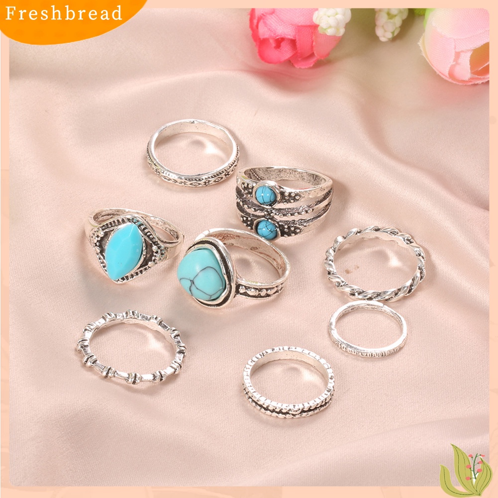 &lt; Freshbread &gt; 8Pcs Wanita Retro Bohemian Imitasi Turquoise Hias Lingkaran Jari Cincin Perhiasan Hadiah