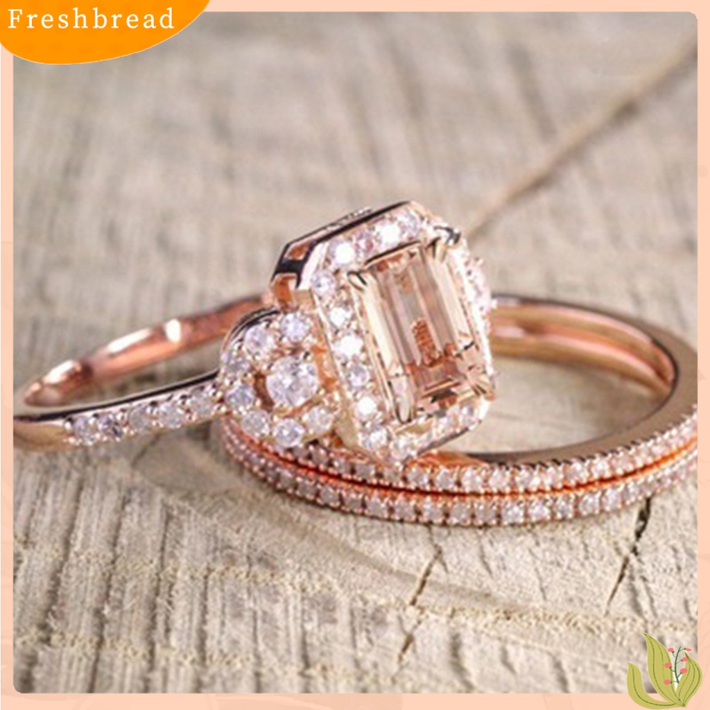 &lt; Freshbread &gt; 2Pcs/Set Ladies Rings Shiny Faux Crystal Rose Golden Alloy Ring Elegan Perhiasan Aksesoris Fashion Micro-Hias Square Rhinestones Rings Hadiah Pertunangan