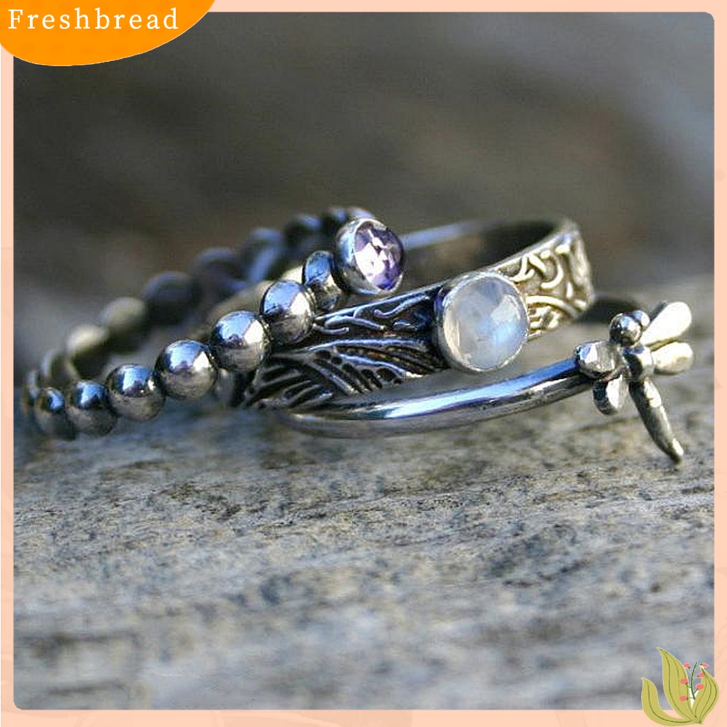 &lt; Freshbread &gt; 3Pcs/Set Cincin Bentuk Capung Imitasi Oval Permata Wanita Silver Mini Stackable Ring Sets Untuk Hadiah