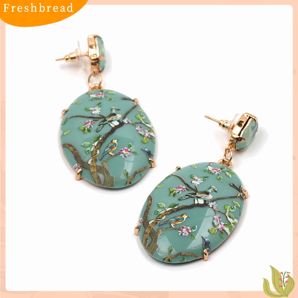 &lt; Freshbread &gt; Retro Wanita Bunga Oval Imitasi Batu Permata Menjuntai Anting Eardrop Pesta Perhiasan