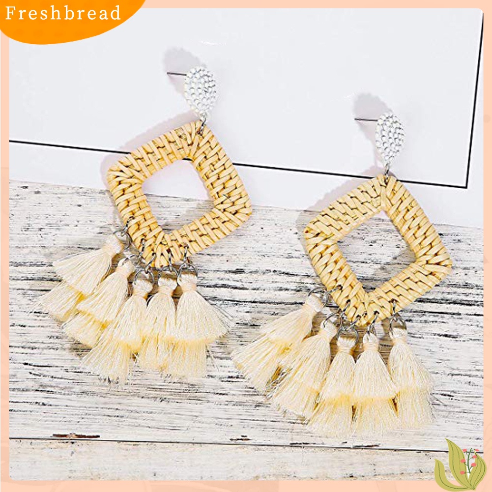 &lt; Freshbread &gt; Boho Wanita Berongga Belah Ketupat Anyaman Rotan Rumbai Statement Menjuntai Stud Earrings