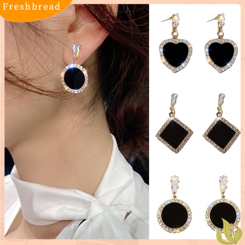 &lt; Freshbread &gt; 1pasang Anting Pejantan Bersinar Perak-Jarum Geometris Menjuntai Electroplating Temperat Dekorasi Eye-catching Hitam Bulat Berlian Imitasi Anting-Anting Aksesoris Pakaian