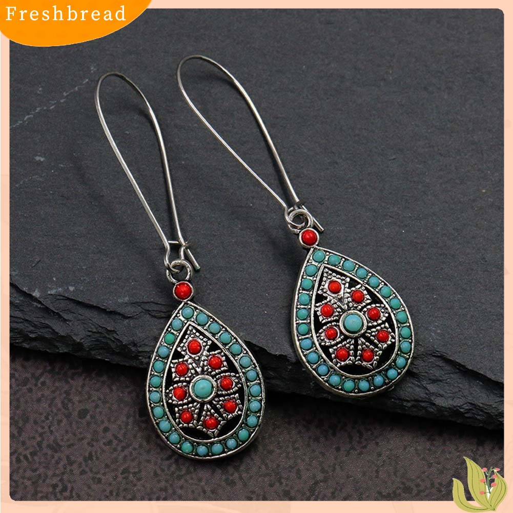 &lt; Freshbread &gt; Bohemian Wanita Manik-Manik Faux Turquoise Hias Hollow Teardrop Menjuntai Kait Anting