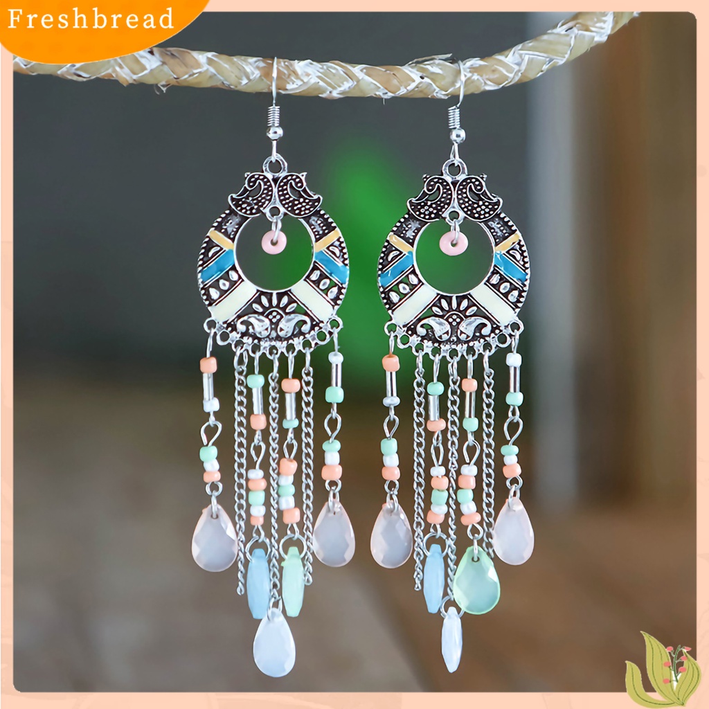 &lt; Freshbread &gt; 1pasang Gaya Etnik Pola Retro Drop Earrings Berlian Imitasi Bohemian Berongga Rumbai Kait Anting Perhiasan Pesta