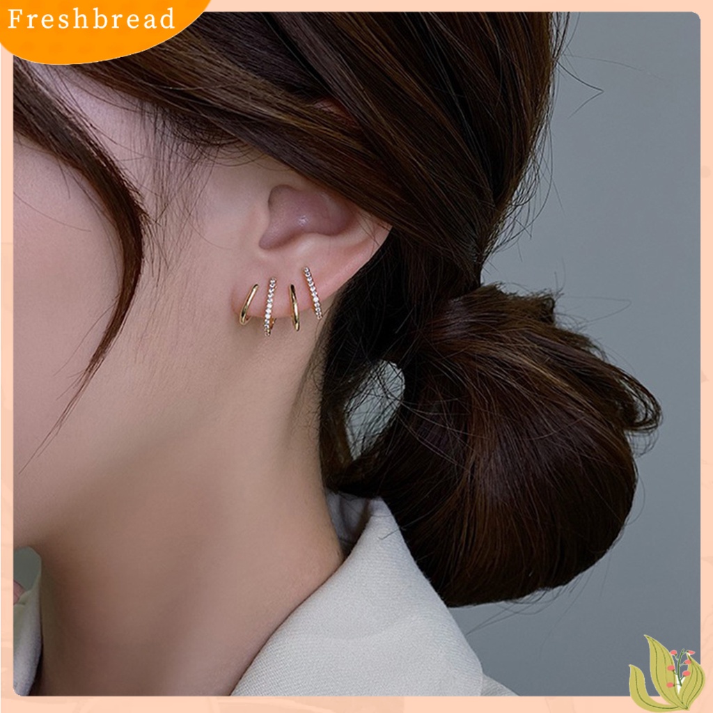 &lt; Freshbread &gt; 1pasang Anting Tusuk Empat Cakar Baris Berlian Imitasi Perhiasan Fashion Penampilan Gaya Korea Stud Telinga Manset Untuk Pakaian Sehari-Hari