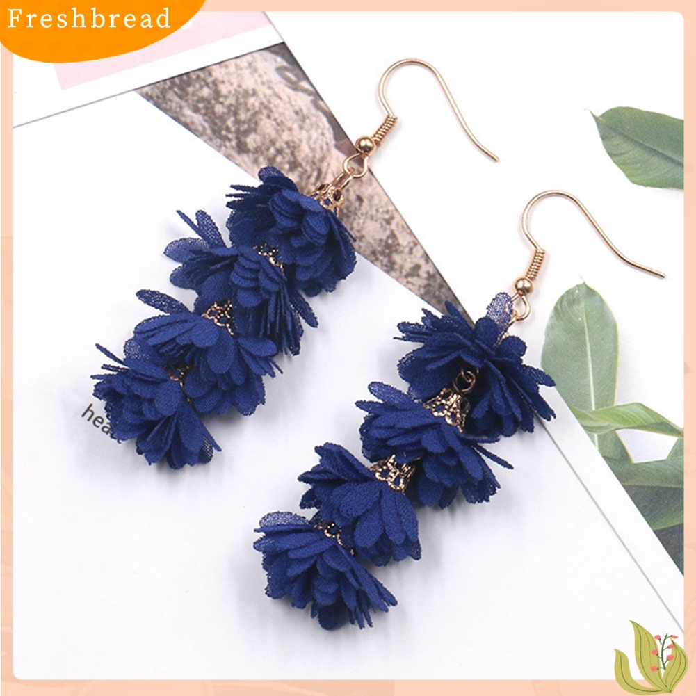 &lt; Freshbread &gt; Boho Pesta Wanita Kain Bunga Rumbai Panjang Menjuntai Drop Hook Anting Perhiasan