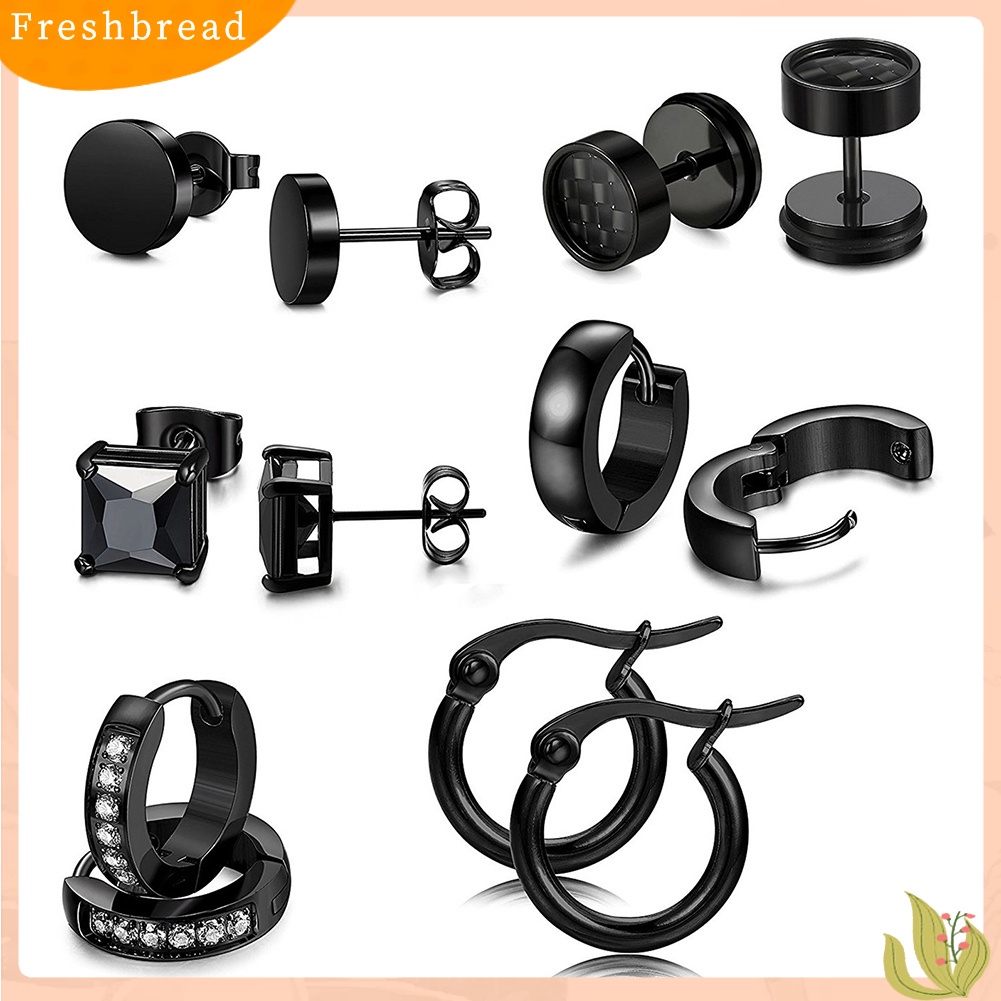 &lt; Freshbread &gt; 6pasang Perhiasan Anting Huggie Stud Hias Berlian Imitasi Stainless Steel Unisex