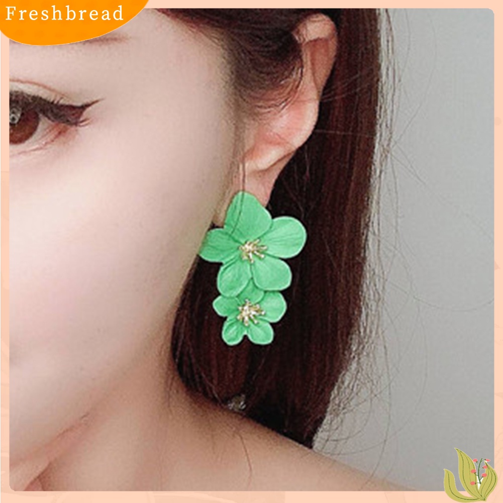 &lt; Freshbread &gt; Wanita Manis Warna Solid Dual Bunga Panjang Menjuntai Stud Earrings Perhiasan Pesta