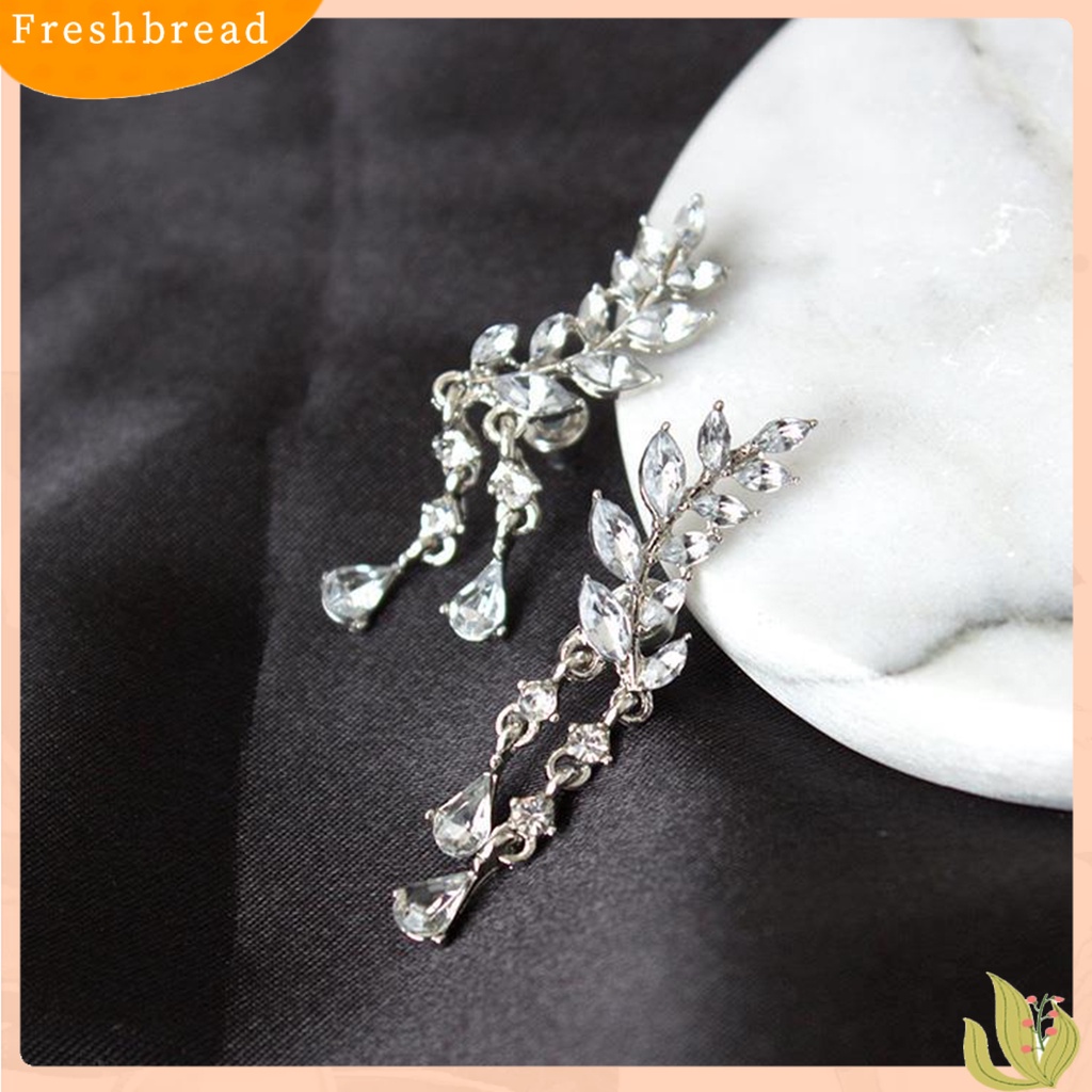 &lt; Freshbread &gt; Ear Studs Leaf Wanita Elegan Berlian Imitasi Drop Ear Manset Earrings Untuk Pacaran